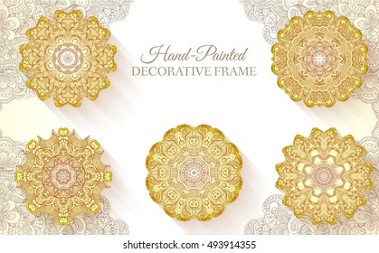Hand drawn set abstract background ornament illustration concept. Vector decorative retro banner of card or invitation design. Vintage traditional, Islam, arabic, indian, ottoman motifs, elements. 