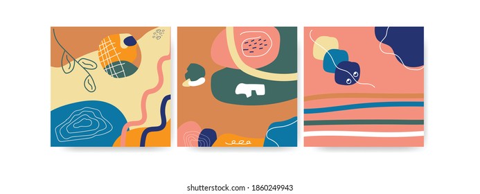 hand drawn Set of Abstract backgrounds. Trendy abstract square art templates. Suitable for social media posts, mobile apps, banners design and web/internet ads.