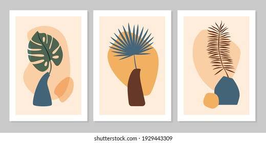 Hand drawn set abstract boho poster with tropical  leaf, color vase and shape isolated on beige background. Vector flat illustration. Design for pattern, logo, posters, invitation, greeting card 