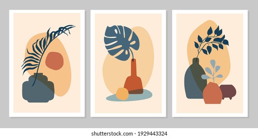 Hand drawn set abstract boho poster with tropical  leaf, color vase and shape isolated on beige background. Vector flat illustration. Design for pattern, logo, posters, invitation, greeting card 