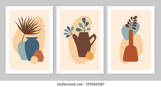 Hand drawn set abstract boho poster with tropical  leaf, color vase and shape isolated on beige background. Vector flat illustration. Design for pattern, logo, posters, invitation, greeting card 