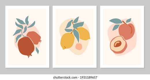 Hand drawn set abstract boho poster with tropical  fruit lemon, pomegranate, peach isolated on beige background. Vector flat illustration. Design for pattern, logo, posters, invitation, greeting card 