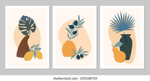 Cartel abstracto de boho dibujado a mano con hojas tropicales, jarrón de color, frutas aisladas en un fondo beige. Ilustración plana vectorial. Diseño para el patrón, logotipo, carteles, invitación, tarjeta de saludo 