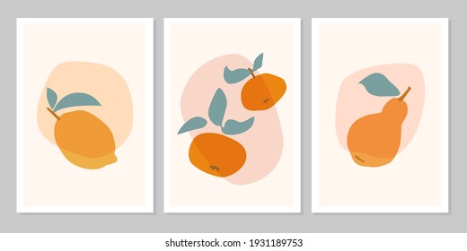 Hand drawn set abstract boho poster with tropical  fruit lemon, mandarin, pear isolated on beige background. Vector flat illustration. Design for pattern, logo, posters, invitation, greeting card 