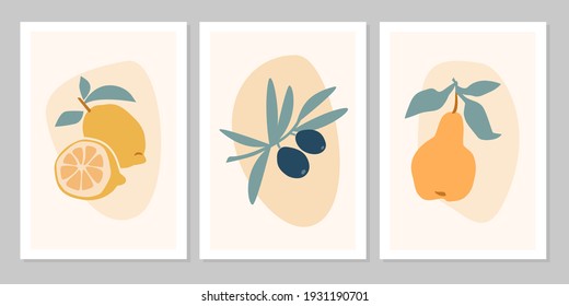 Hand drawn set abstract boho poster with tropical  fruit lemon, olive, pear isolated on beige background. Vector flat illustration. Design for pattern, logo, posters, invitation, greeting card 