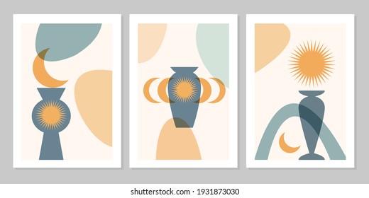 Hand drawn set abstract boho poster with tropical leaf, sun, moon and shape isolated on beige background. Vector flat illustration. Design for pattern, logo, posters, invitation, greeting card 