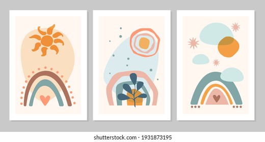 Hand drawn set abstract boho poster with rainbow, sun, moon, star, heart, plant, isolated on beige background. Vector flat illustration. Design for pattern, logo, posters, invitation, greeting card 