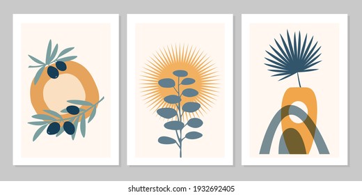 Hand drawn set abstract boho poster with tropical  leaf, olive tree, colored vase and shapes isolated on beige background. Vector flat illustration. Design for pattern, logo, invitation, greeting card 