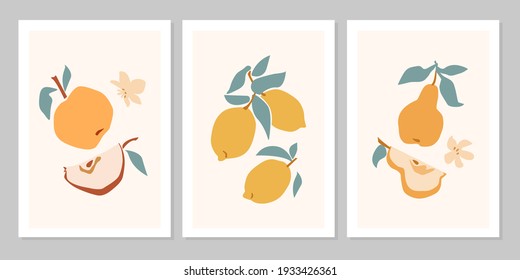 Hand drawn set abstract boho poster with tropical fruit lemon, apple, pear, flower isolated on beige background. Vector flat illustration. Design for pattern, logo, posters, invitation, greeting card 