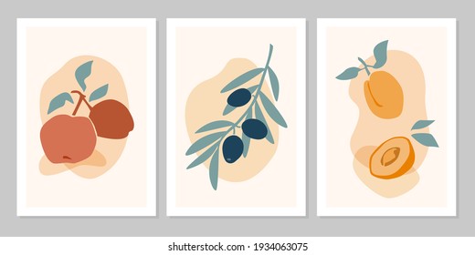 Hand drawn set abstract boho poster with apple, olive, apricot on beige background. Vector flat illustration. Design for pattern, logo, posters, invitation, greeting card 