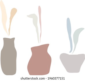 Hand drawn set abstract boho poster with leaf, color vase isolated on white background. Vector flat illustration. Design for wall art, pattern, logo, posters, invitation, greeting card. 