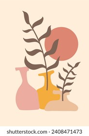 Hand drawn set abstract boho poster with tropical leaf, shape isolated on beige background. Vector flat illustration. Design for pattern, logo, posters, invitation, greeting card. bohemian vector 