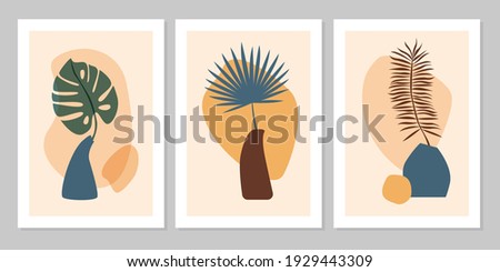Hand drawn set abstract boho poster with tropical  leaf, color vase and shape isolated on beige background. Vector flat illustration. Design for pattern, logo, posters, invitation, greeting card 
