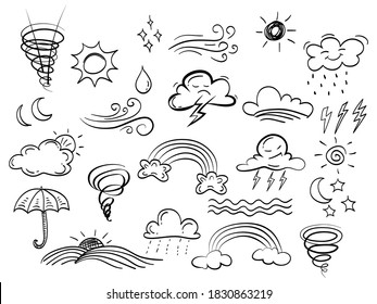 hand drawn set of abstract comic doodle weather elements. with wind, cloud, flash, umbrella, sun, moon, rain, rainbow. isolated on white background. vector illustration