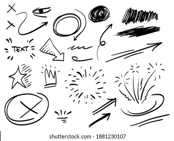 hand drawn set of abstract comic doodle elements. with crown, fireworks, swirl, swoosh, scribble, arrow, text emphasis. isolated on white background. vector illustration