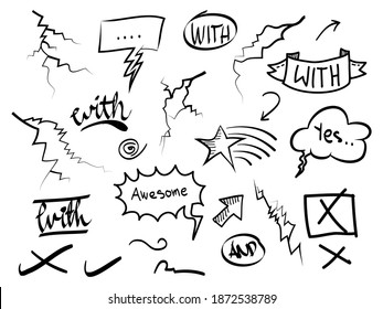 hand drawn set abstract doodle element with arrow, catchwords, star, bubble speech, crack, wrong mark for concept design. isolated on white background. vector illustration