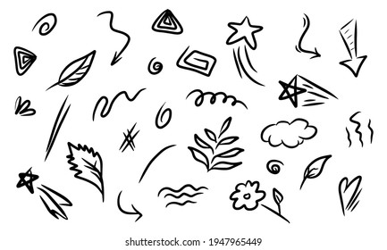 hand drawn set of abstract doodle elements with plant, star, swirl, swoosh, scribble, arrow, text emphasis. isolated on white background. vector illustration