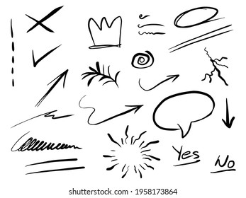 hand drawn set of abstract doodle elements with crown, crack, swirl, swoosh, scribble, starburst, arrow, text emphasis. isolated on white background. vector illustration
