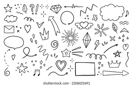 Hand drawn set of Abstract doodle elements. Arrows, heart, star, crown, signs and symbols in sketch style. Vector illustration isolated on white background