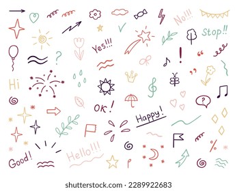 Conjunto dibujado a mano de elementos de doodle abstractos. Ilustraciones decorativas con estilo de esbozo. Flechas, corazón, estrellas, flores, corazones, signos y símbolos. Ilustración del vector aislada en fondo blanco