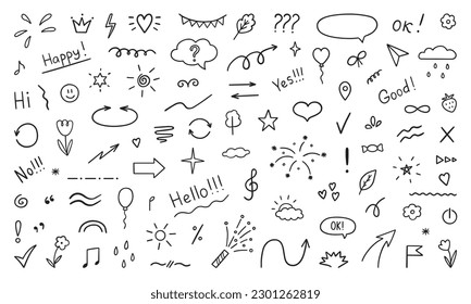 Hand drawn set of abstract doodle elements. Decorative illustrations in sketch style. Arrows, heart, stars, flowers, hearts, signs and symbols. Vector illustration isolated on white background