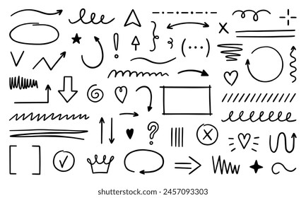 Hand drawn set of abstract doodle elements. Decorative illustrations in sketch style. Arrows, stars,  hearts, signs and symbols. Vector illustration isolated on white background