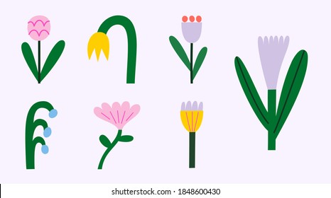 Hand drawn set with abstract flowers. Abstract flowers isolated objects. Flowers set for design decoration.