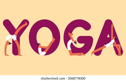 Hand drawn set with abstract girl doing exercises, yoga poses and letters of the word Yoga