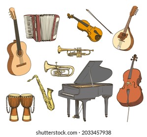 Hand drawn set of acoustic musical instruments. vector illustration