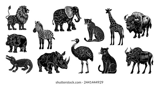 Hand drawn set with african animals in linocut style. Isolated on white background. Vector illustration