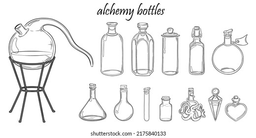 Hand drawn set of alchemy bottlesisolated on white background. Magic alchemy  vector illustration with test tube, potion bottle,  glass flasks and jars. Chemystry, sience, esoteric, occult.