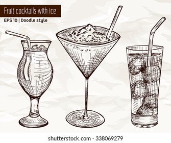 Hand drawn set of alcoholic or fruit cocktails with ice and tubule in sketch style on vintage paper background. Vector illustration