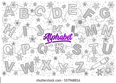 Hand drawn set of Alphabet doodles with lettering in vector