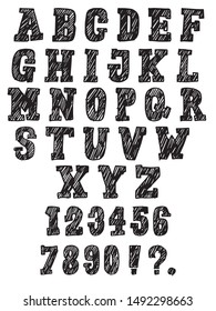Hand drawn set of alphabet. letters font  and number set. black letter on White background. modern brushed lettering