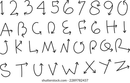 Hand drawn set of alphabet letters and number with doodle arrows in other shape. Great for children book, education poster, learning, and handwriting.