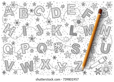 Hand drawn set of Alphabet vector doodles