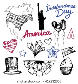 Hand drawn set of American Independence Day. 4th of July.  USA Vector illustration.