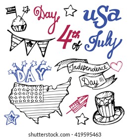 Hand drawn set of American Independence Day. 4th of July.  USA Vector illustration.