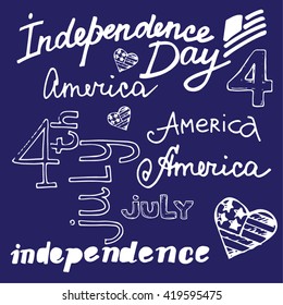 Hand drawn set of American Independence Day. 4th of July.  USA Vector illustration.