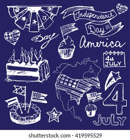 Hand drawn set of American Independence Day. 4th of July.  USA Vector illustration.