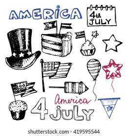 Hand drawn set of American Independence Day. 4th of July.  USA Vector illustration.