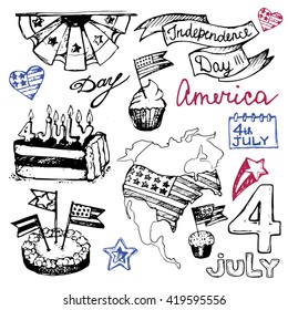 Hand drawn set of American Independence Day. 4th of July.  USA Vector illustration.