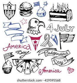 Hand drawn set of American Independence Day. 4th of July.  USA Vector illustration.