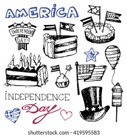 Hand drawn set of American Independence Day. 4th of July.  USA Vector illustration.