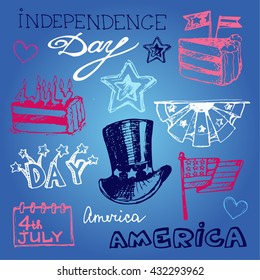 Hand drawn set of American Independence Day. 4th of July. Independence Day of USA vector. Vector illustration.