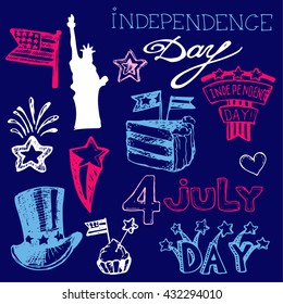 Hand drawn set of American Independence Day. 4th of July. Independence Day of USA vector. Vector illustration.