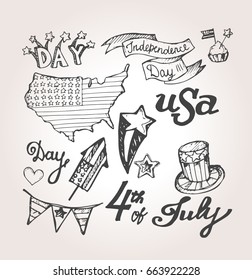 Hand drawn set of American Independence Day. 4th of July.  USA Vector illustration.