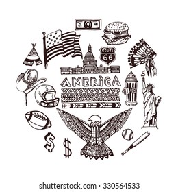 Hand drawn set of american symbols - football accessories, baseball bat, Statue of Liberty, flag. Isolated national elements made in vector. Travel to USA icons for cards and web pages. sketch.