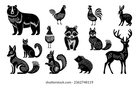 Hand drawn set with animals in linocut style. Isolated on white background.