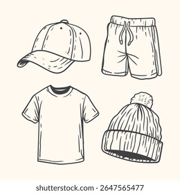 conjunto de vestuário desenhado à mão. Han desenhado de camisa, chapéu, calça e gorro